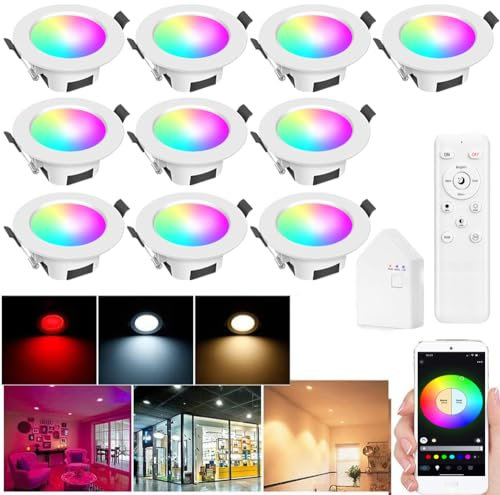 SUBOSI 10er WIFI Bluetooth 5W Intelligent LED Einbaustrahler Downlight RGBIC+Warmweiß/Kaltweiß/Weiß 5 in 1 Einbauleuchte Spot Dimmbar 230V Einbauleuchten mit Fernbedienung,Smart Bridge