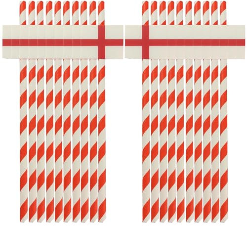 Lizzy 20pk England Paper Straws | Reusable England Flag Paper Straws | Biodegradable/Eco-Friendly Party Tableware Red & White Striped Paper Drinking Party Straws