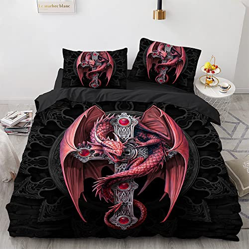 Bettwäsche 220x240 Set Dunkler Dragon motiv Bettbezug Sets 3 teilig Mikrofaser Bettbezügen 3D Gotisch Drachen Schwert Druck Bettbezug mit Reißverschluss Eckbandeinfassung + 2 Kissenbezüge 80x80 cm