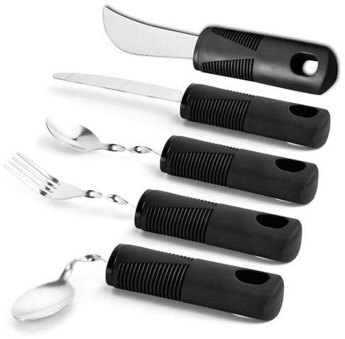 Cutlery for Disabled Hands Set of 5, Extra Wide Handles Bendable Easy Grip Cutlery Set for Elderly Disabled Arthritis Parkinson's Adaptive Rehabilitation Auxiliary Eating Tool (Black)