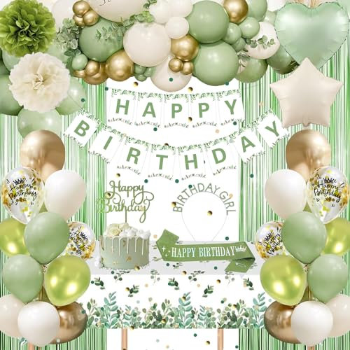 Geburtstagsdeko Grün Gold, Sage Grün Gold Party Deko Set mit Happy Birthday Banner, Konfetti Luftballons, Schärpe und Geburtstagskrone, Tischdecke, Vorhang, Pompons für Mädchen Frauen Geburtstag Deko