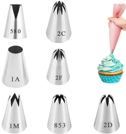Lot de 7 Grandes Douilles Professionnelles en Acier Inoxydable, Douilles à Pâtisserie Embouts de Tuyauterie (1A/853/1M/2D/2C/2F/580) Douilles Crème pour la Décoration de Cupcakes
