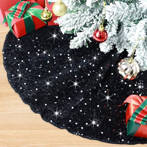 BSHSPX Black Mini Tree Skirt 21 Inch Halloween Tree Skirt Small Christmas Tree Skirt Decor for Miniature Christmas Tree Sparkle Pencil Xmas Tree Skirts for Tabletop 3ft 4ft Christmas Tree Decorations