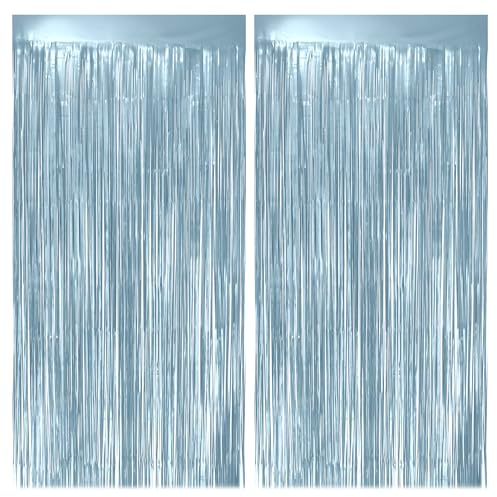 2 Pack Metallic Light Blue Fringe Backdrop, 3.2x8.2ft Shining Foil Tinsel Curtains, Birthday Party Decorations Door Streamers for Halloween, Christmas, Wedding, Graduation, Holiday, Theme Events