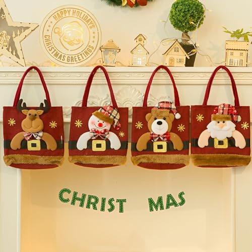 Trlyane Weihnachts Geschenktüten 4 Stück, Stoff Geschenkbeutel Mit Griff | Charmante Weihnachtsmotive, Bequemer Tragegriff, Wiederverwendbare Verpackung, Für Süßigkeiten Kleine Geschenke Dekoration