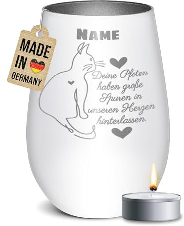 PR Print Royal Trauer Windlicht mit Gravur für Katzen - Spuren im Herzen - mit Name - Erinnerungslicht, Gedenklicht, Trauergeschenk | inkl. Teelicht, 450 ml, Weiß/Silber