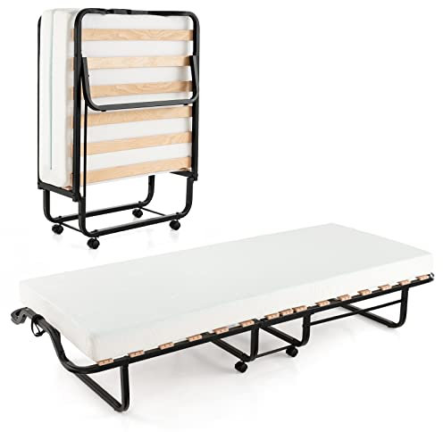 COSTWAY Gästebett klappbar 80x200 cm, Klappbett mit 10 cm Dicker Schaumstoffmatratze, Faltbett mit Rollen & stabilem Metallrahmen bis 220 kg belastbar