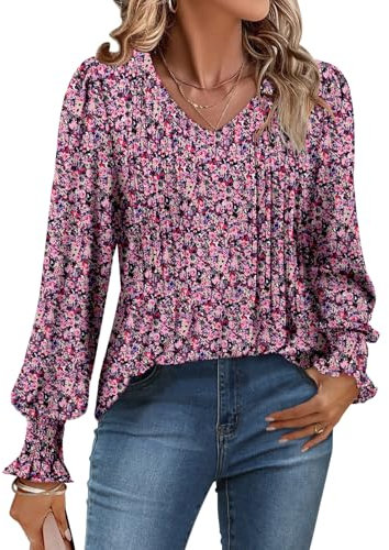 CHICZONE Women's Tops Sexy V Neck Pleated Shirts Casual Blouses Puff Long Sleeve Dressy for Leggings