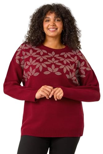 Roman Curve Leaf Print Hotfix Knit Jumper for Women UK - Ladies Everyday Autumn Winter Round Neckline Comfy Soft Evening Vacation Work Party Night Out - Red Plus - Size 20
