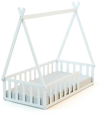 WEBABY - Holzbodenbett 70 x 140 cm Weiß |Gitterbett mit Lattenrost inklusive | Schlafkomfort | Autonomie | MassivHolz | Cabane