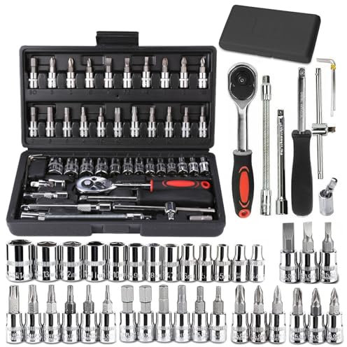 Cordless Electric Slim Ratchet Set - 46pcs Mechanic Tool Kit with 1/4 Sockets, Extension Bars, Hex Wrenches & Ratchet Handle - Portable Hand Tools Set for Car, Motorcycle & Home Repairs (Black)