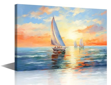 TISHIRON Segelboot-Wandkunst für Wohnzimmer, Segelboote auf Ozean, Leinwand-Wandkunst für Schlafzimmer, Ölbild für Haus, Wanddekoration, Poster für Raumdrucke, Wanddekoration, 40,6 cm B x 61 cm H x 1