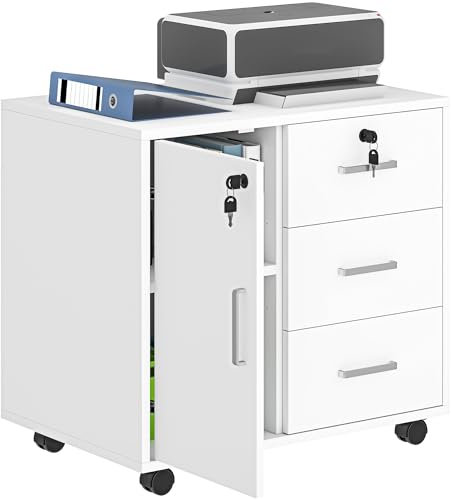 HOMCOM Schedario per Ufficio con 3 Cassetti e Armadietto con 3 Ripiani Regolabili, Cassettiera Portadocumenti in Truciolato, 60x40x56 cm, Bianco