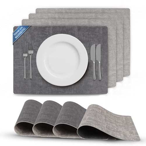 Bestlivings Tischset Struktur (4er Set) abwischbares Lederimitat Platzdeckchen 46x33cm - Doppelseitiges (Grau/Dunkelgrau) Kunstleder Platzset