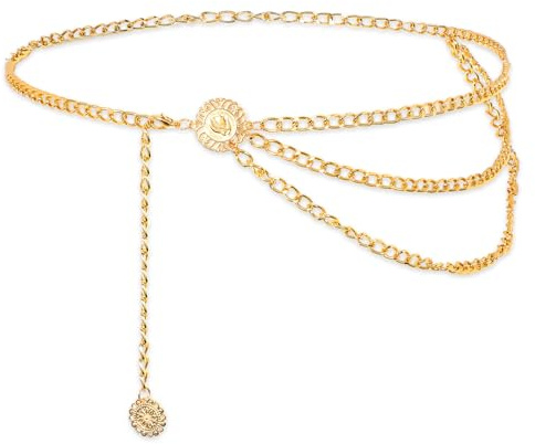 Multilayer Metal Waist Chain Belt for Women, Fashion Multilayer Adjustable Women Gold Long Belt Body Belly Jewelry for Dresses Jeans Trousers