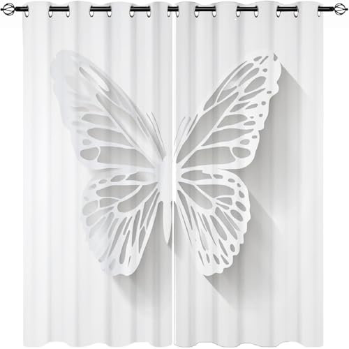 Blickdicht Verdunklungsvorhänge für Wohnzimmer H166 x B75 cm (2er Pack), Schmetterling Im Papierschnitt-Stil Thermovorhang, Waschbarer Polyester Ösenschal Vorhang, Weiß Gardinen für Kinderzimmer