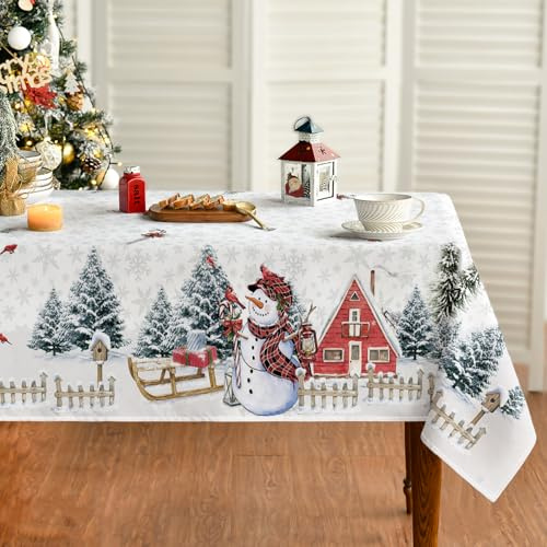 Artoid Mode Weiß Haus Bäume Schneemann Weihnachten 140x160 cm Tischdecke | Schnee Zaun Xmas Winter Fleckschutz Tischwäsche Küche Dekoration Party Dekor
