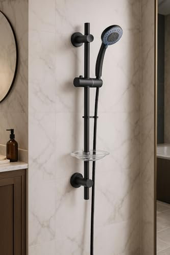 Black Shower Slide Rail Kit | Black Finish | Shower Hose, Shower Handset and Soap Holder | Inc Fixings | Replacement or New Installation | Includes Fixings | Slide Rail Kit |