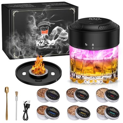LOFICOPER Whiskey Smoker Kit mit 6 Holzchips, Cocktail Smoker Set mit RGB-Ambientelicht, Flammenlos, Wiederaufladbar Altmodisches Whiskey Räucherset für Männer, Väter, Ehemänner
