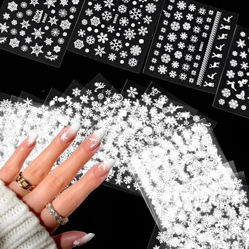 CharmeFleur 30 Sheets Christmas Nail Art Stickers Decals 3D Self-Adhesive Snowflake Nail Stickers White Snowmen Santa Claus Elk Nail Supplies