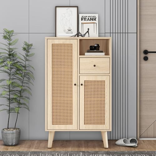 Merax Rattan Sideboard Kommode Wohnzimmer mit 2 Rattantüren,1 Schublade und Offene Staufach, Sideboard Holz Buffet Aufbewahrungsschrank Küchenschrank, Eiche/60x40x101cm