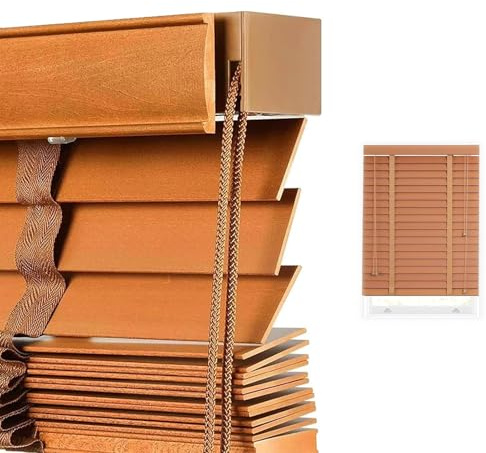 Blackout Wood Venetian Blinds 55cm 60cm 80cm 90cm 100cm 110cm 120cm 130cm 160cm Wide Horizontal Blinds Shutters for Windows 50mm Slats Venetian Blind Easy Fit Curtains(Brown)