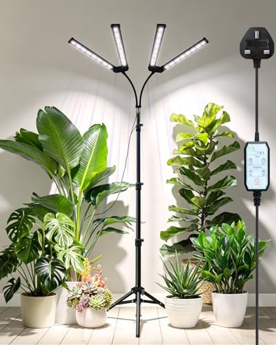 Grow Lights for Indoor Plants, Full Spectrum Plant Light with Stand(4-Head) | 180° Swivel Grow Lamp with 296 LEDs, 4/8/12H Timer, 2000lm-4000lm Dimmable, 360° Gooseneck, 22''~71'' Adjustable Height
