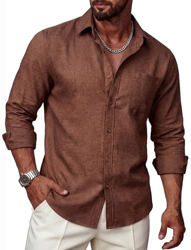 Ailisus Mens Linen Cotton Shirts Casual Long Sleeve Button Down Shirt Regular Fit Holiday Daily Solid Dress Shirt with Pocket