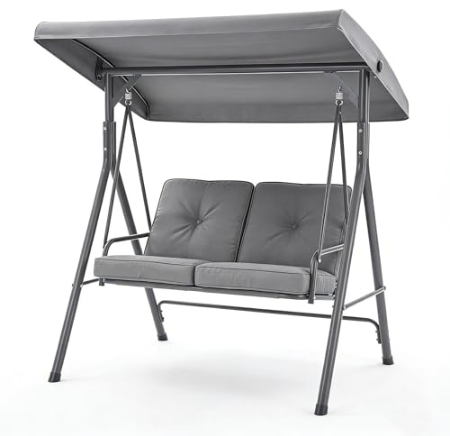 Hollywoodschaukel Gartenschaukel 2 Sitzer, Doppelsitzer Hängestuhl Hängesessel mit Sonnendach/Vordach, gepolsterter Sitz und weicher Polsterung, Gestell aus Eisen, Schaukelbank Outdoor Bis 280kg, Grau