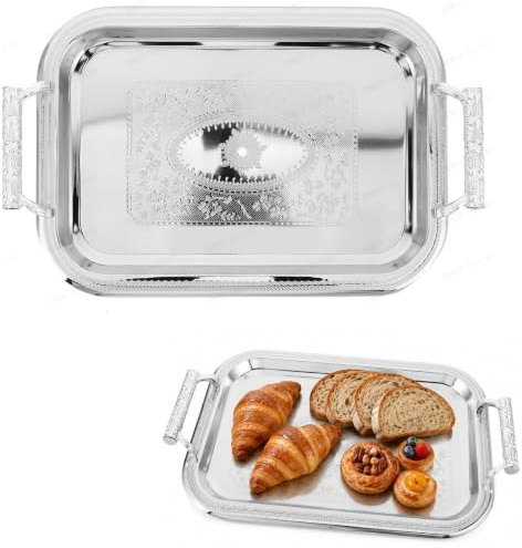 Cabilock Silver Serving Tray with Handles, 36cm Stainless Steel Afternoon Tea Tray, Vintage Rectangular Drinks Platter for Coffee Table, Cakes, Desserts and Vanity Organiser