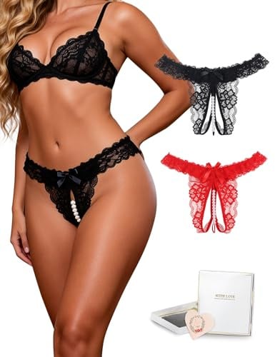 ohmydear Perizoma Aperto Donna Sexy Chic in Pizzo | Perline all'inguine con fiocco a farfalla, slip trasparente a vita bassa, lingerie erotica