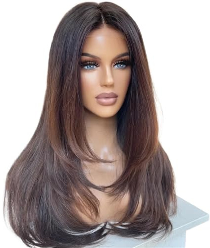 13x4 HD Lace Front Perücken mit realistischem Haaransatz und Pony, geschichtete, gewellte, vorgezupfte, synthetische, leimlose Perücke for Frauen Flauschigs und Natürlich(20 inch)