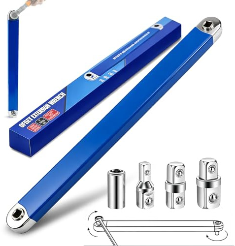 Viechoes Set Chiave Prolunga Offset da 39cm con 4 Adattatori, Chiave di Prolunga Offset in Acciaio al Carbonio per Meccanici, Compatibile con Cricchetto 1/4, 3/8 e 1/2 Pollici, Chiave Offset Sottile