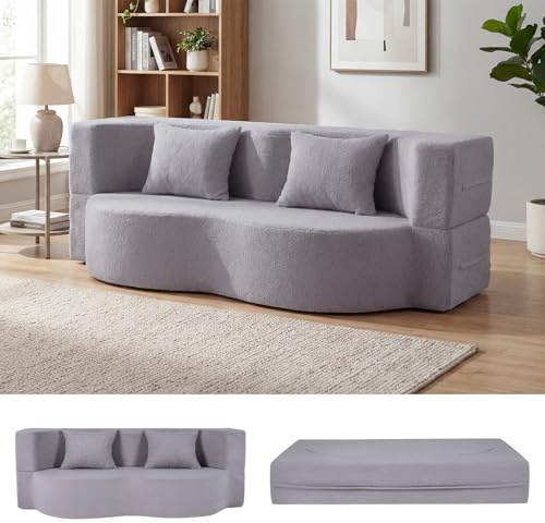 COSTWAY Schlafsofa, Boneless Sofa Bett mit 2 Bequemen Kissen & Memory Schaum, Teddy-Fleece Bodensofa mit Schlaffunktion, Schlafcouch für Wohnzimmer, Gästezimmer (Grau)
