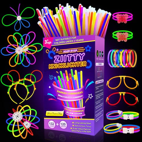 Ziitty 252 Knicklichter Party Set, 120 Stück Leuchtstäbe 132 Verbinder, Neon Knicklichter Ketten und Leuchtbrillen Sets für Kinder Erwachsene Party Deko für Hochzeiten Geburtstage Silvester Deko 2026