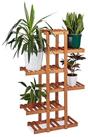 Relaxdays 10020746 Etagère à fleurs en bois escalier pour plantes 5 niveaux échelle plantes intérieure HxlxP: 125 x 81 x 25 cm marron clair