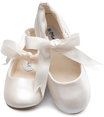 Olivia K Girls Adorable Ballerina Mary Jane Flats Ribbon Tie Shoes, Ivory 13