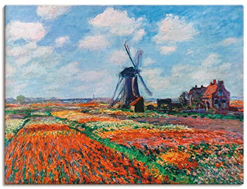 ARTLAND Wanddeko Leinwand Bilder Wandbild Idyll Dorf Windmühle Blumen Tulpen Tulpenfelder in Holland 1886 Impressionismus Claude Monet T1DN