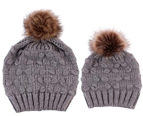 oenbopo 2 Stücke Eltern Kind Hut, Mutter Kind Tochter Sohn Baby Winter Warme weiche Strickmütze Familie Häkeln Mütze Ski Cap mit Pom Pom (grau)