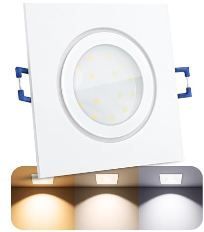 SSC-LUXon QW-2 Bad Einbaustrahler eckig weiß IP44 4W 3 Lichtfarben | Eckiges Bad-Downlight weiß matt spritzwassergeschützt IP44 - warm / neutral / kalt, nur 35mm tief, 90x90mm, wechselbar