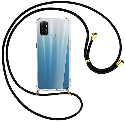 mtb more energy® Handykette kompatibel mit Oppo A53, A53s (6.5'') - schwarz/Gold - Smartphone Hülle zum Umhängen - Anti Shock Strong TPU Case