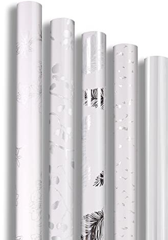Clairefontaine 211825AMZC - Un Carton De 10 Rouleaux De Papier Cadeau - Papier Premium 80g - Dimensions : 2x0,70m - Motif : Blanc, Brillant, Plumes, Fleurs - Emballage Cadeau