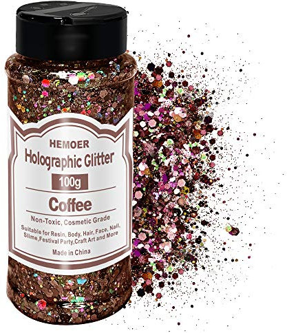 HEMOER Holographique Grosses Paillettes, Brun 100g Sequins Glitter, Paillettes pour Visage, Corps, Cheveux, Résine Epoxy, Paillette Visage Festival-Le Total 3.52oz