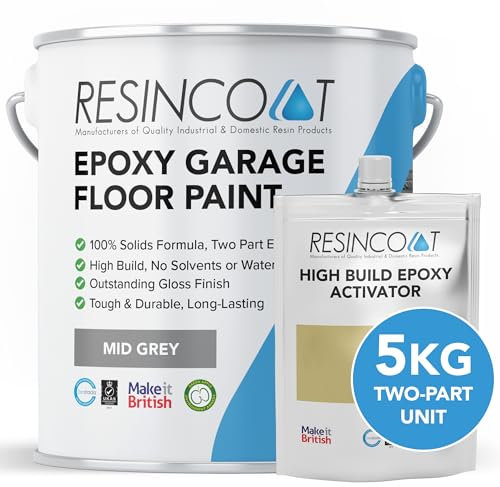Resincoat High Build Epoxy Garage Floor Paint, Two-Part Epoxy Coating, High Gloss Finish, Solvent Free Formula, Tough & Durable Concrete Floor Paint, Made in the UK, Mid Grey, 5kg
