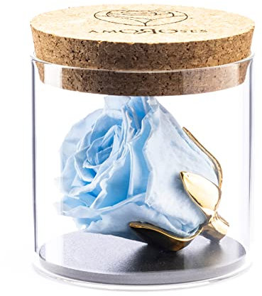 Amoroses Bijou - Rosa Stabilizzata Eterna con Calice Placcato Oro 24K in Barattolo di Vetro | Idea Regalo Bimbo Battesimo Bebè (Rosa Azzurro Cielo)