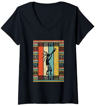 Femme Style Vintage Silhouette Kokopelli Flûte Amérindien T-Shirt avec Col en V