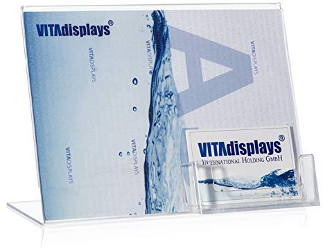 10 Stück DIN A5 Werbeaufsteller, L-Ständer, L-Aufsteller im Querformat mit extra Visitenkartenhalter als Tischaufsteller aus Original PLEXIGLAS