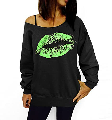 Smile Fish Damen Sexy Slouchy 80er Jahre Lippe Sweatshirt Schulterfreies Bedrucktes Hemd(0096,Schwarz Grün,M)