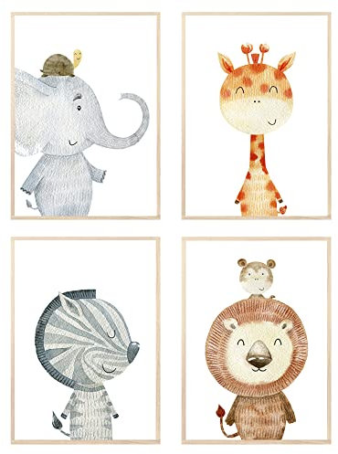 MeinBaby123® Bilder Kinderzimmer | 4er Set DIN A4 Poster Set | Waldtiere Wandbilder Watercolor | Deko Bilder Kinderzimmer | Babyzimmer Deko | Wandposter Premium (Tier auf Tier - Set 2)