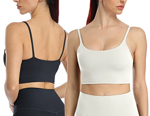 icyzone Damen Sport-BH Camisole Stretch Fitness Crop Top mit BH Gepolstert Yoga Bra, 2er Set (M, Black/Cream White)